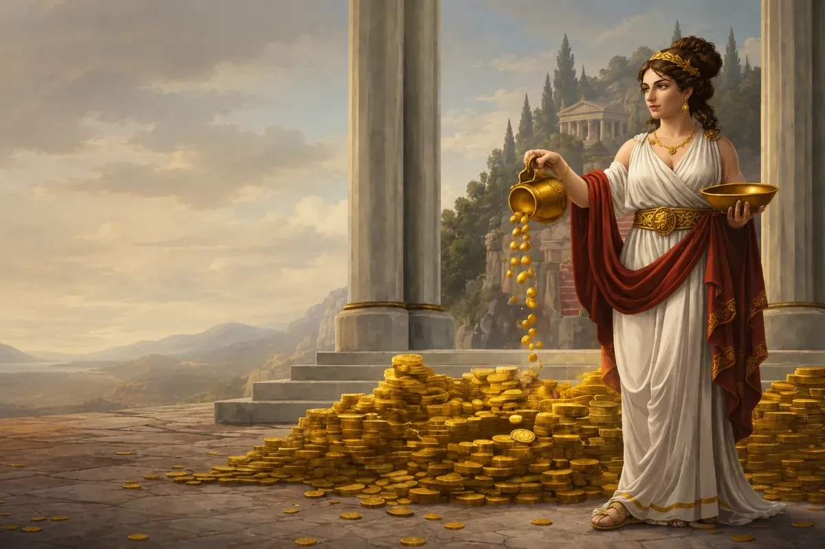 Scène promotionnelle avec statue et pièces d'or